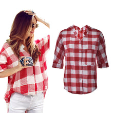 Elegant Big Square Patchwork Deep V Neck Long Women Shirts 3XL Red Plaid Women Shirts EF8
