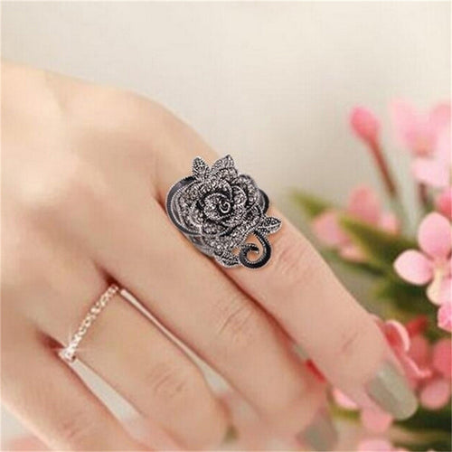 National Wind Ancient Design Women Jewellery Antique Silver Creative Black Vintage Rose Flower Rings for Women EF8