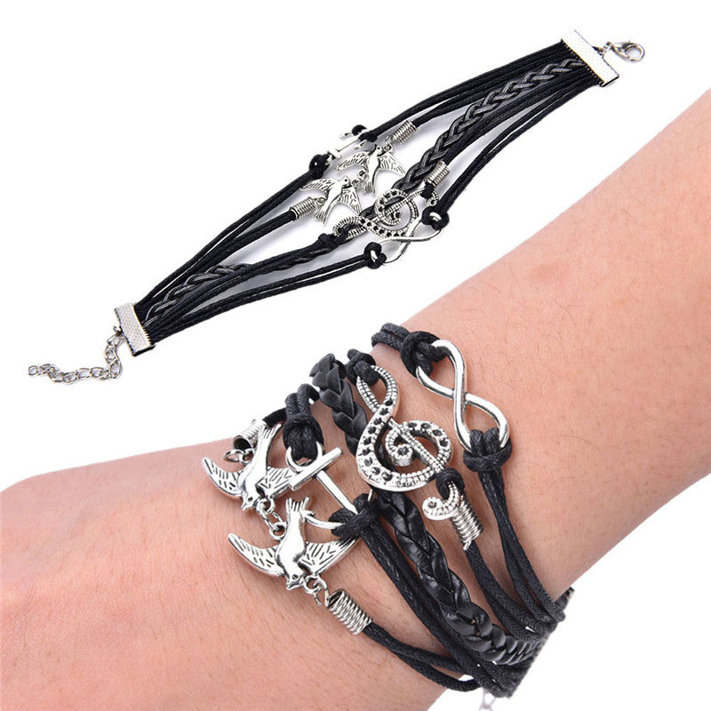 Jewelry Black Braided Wristb  Bracelet Anchor Two birds Musical Note Eight Charms Bracelet Friendship Bracelets EF8