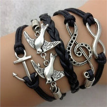 Jewelry Black Braided Wristb  Bracelet Anchor Two birds Musical Note Eight Charms Bracelet Friendship Bracelets EF8