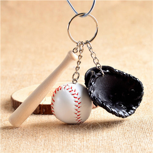 s 4 Colors Mini Three-piece baseball glove wooden bat keychain keyring fans souvenir novelty party gifts  EF8