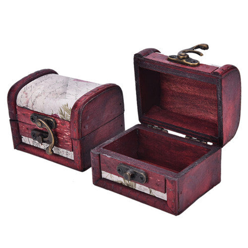 Chic Vintage Metal Lock Mini Stamp Jewelry Treasure Chest Case Wooden Box  EF8