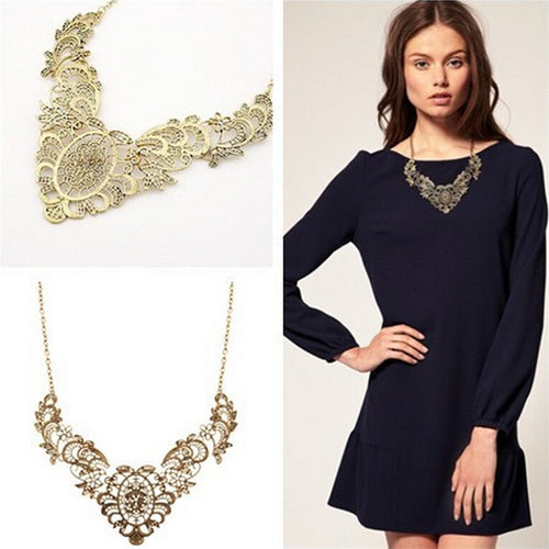 European Vintage Luxurious Collar Chain Bronze Lace Carving Flower Chain Choker Necklace for Women EF8