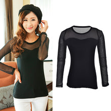 Korean Version Vertical Striped Sexy Lace Modal Base Shirt Round Neck Long-Sleeved Mesh Shirt Transparent Tops EF8