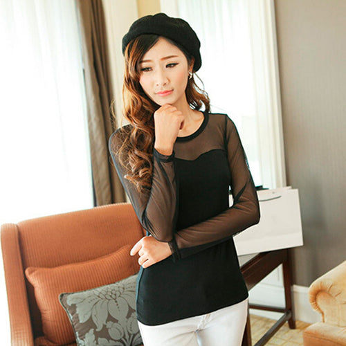 Korean Version Vertical Striped Sexy Lace Modal Base Shirt Round Neck Long-Sleeved Mesh Shirt Transparent Tops EF8