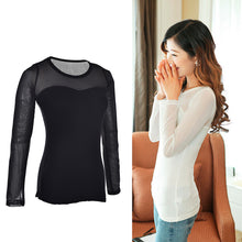 Korean Version Vertical Striped Sexy Lace Modal Base Shirt Round Neck Long-Sleeved Mesh Shirt Transparent Tops EF8
