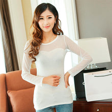 Korean Version Vertical Striped Sexy Lace Modal Base Shirt Round Neck Long-Sleeved Mesh Shirt Transparent Tops EF8