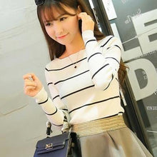 Pullover Korea Long Sleeve Slash Neck Sweaters All-match Slim Striped Knitting Women Sweater EF8