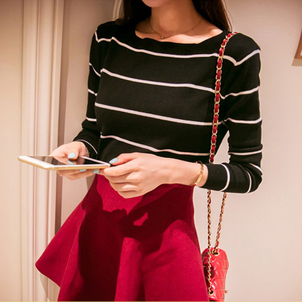 Pullover Korea Long Sleeve Slash Neck Sweaters All-match Slim Striped Knitting Women Sweater EF8