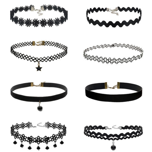 8Pcs Sexy Gothic Punk Collar Necklace Velvet Tattoo Lace Choker With Star Pendant Jewelery For Women EF8