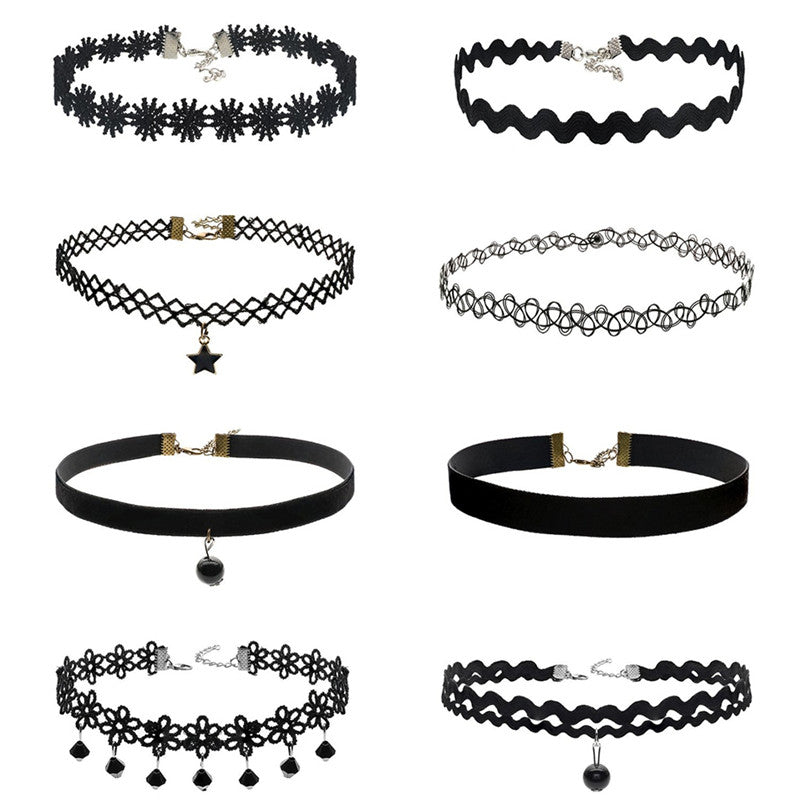 8Pcs Sexy Gothic Punk Collar Necklace Velvet Tattoo Lace Choker With Star Pendant Jewelery For Women EF8