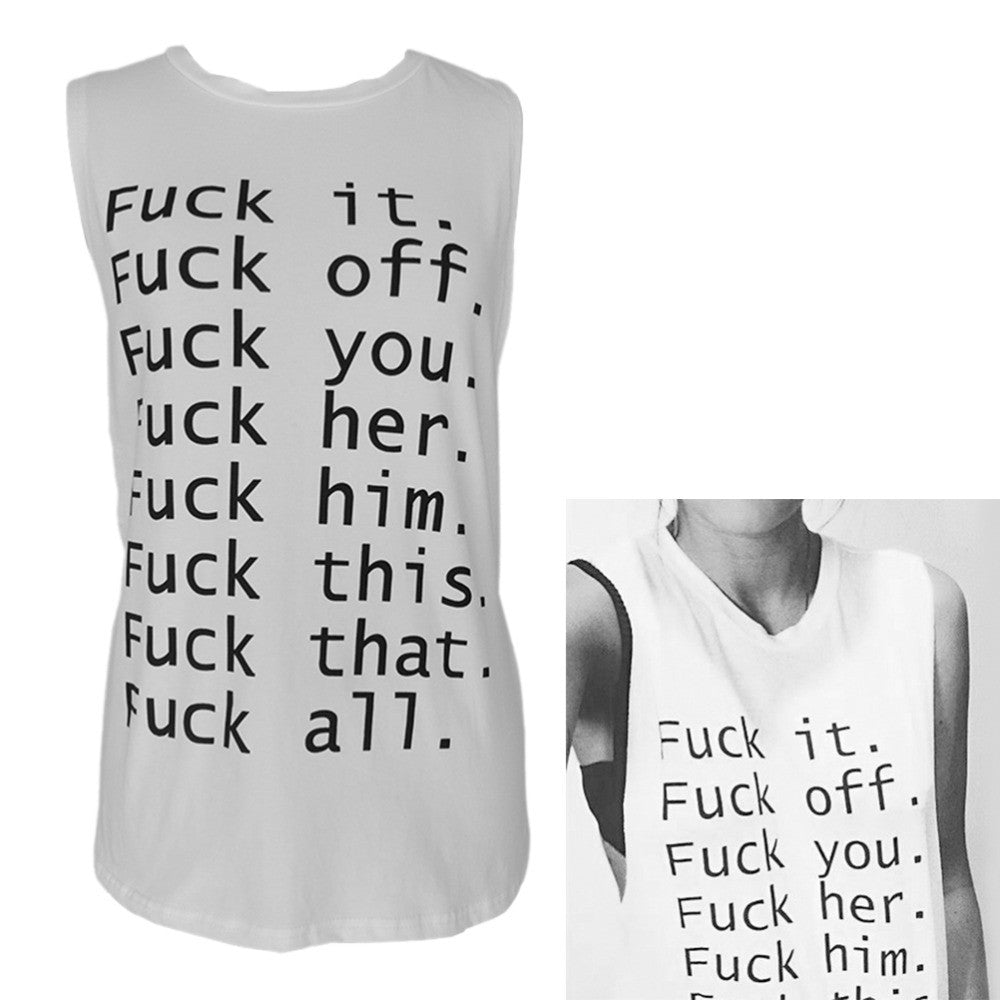 Cool Women Letter T-Shirt White Printing Sleeveless Sweatshirt O-Neck Femme Vogue T-Shirt EF8