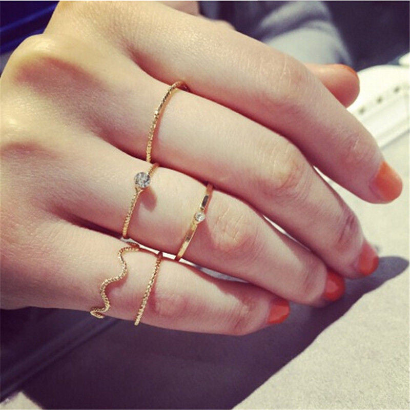 Women Rings Cute Chic Style Bright Crystal Rhinestone Midi Knuckle Finger Joint Rings 5Pcs\ EF8
