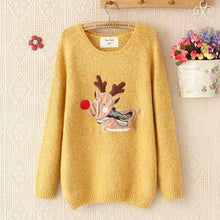 Autum Deer Print Long Sleeve Knitted Women's Sweater Casual Pullover EF8