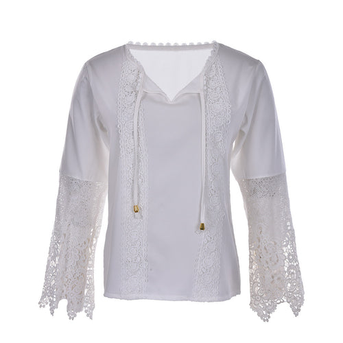 Autum Women chiffon Lace shirt Long sleeve Patchwork blusas tshirt Plus size women white tops EF8