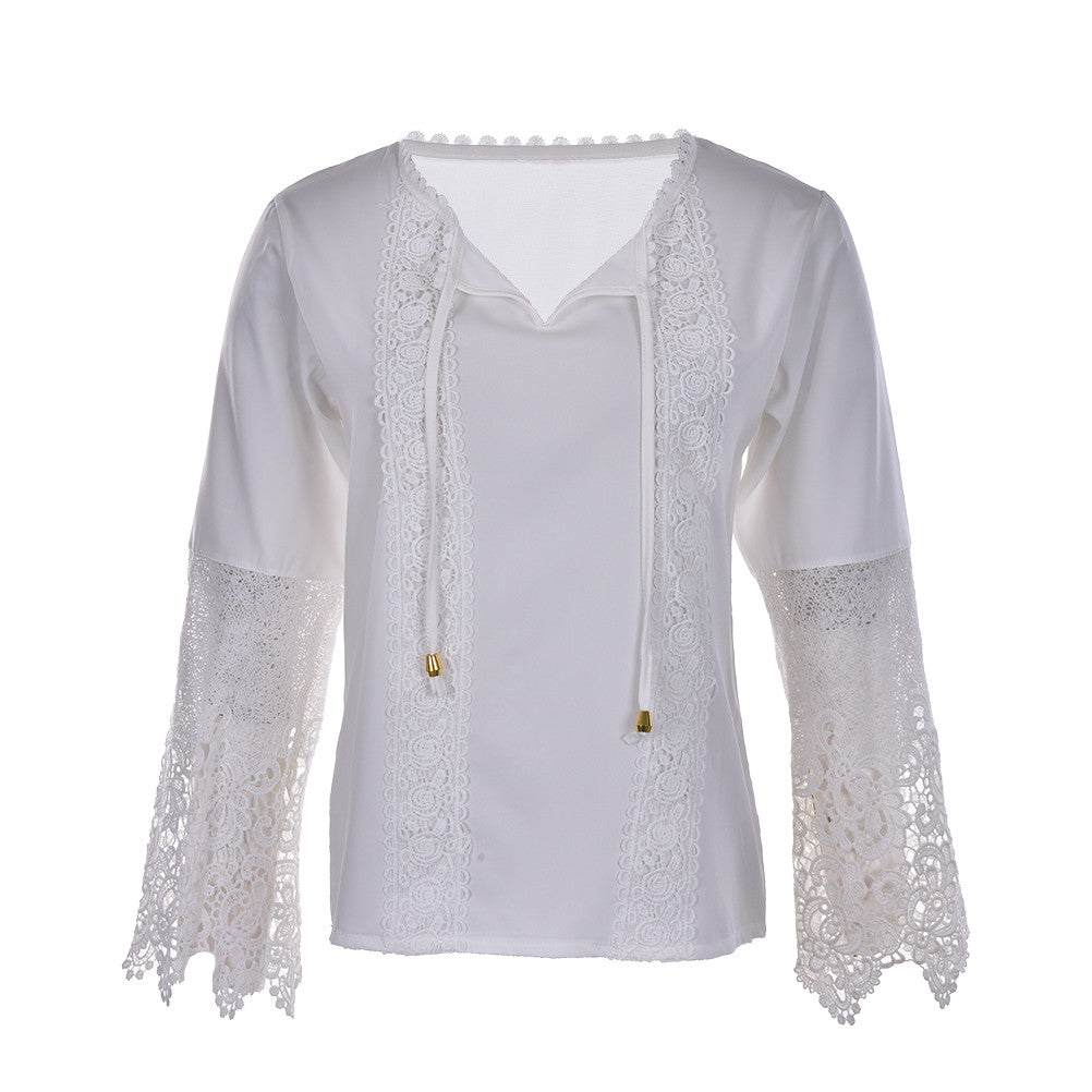 Autum Women chiffon Lace shirt Long sleeve Patchwork blusas tshirt Plus size women white tops EF8