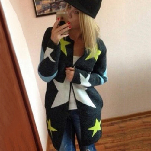 Cardigans Stars Pattern Print Casual Women Long Sweaters Loose Warm Knitted Cardigan Long Sleeve Warm Outwear EF8