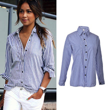Casual Loose Long Sleeve Tops Street Femme Blusas Cotton Tops White   Blue Women Striped Shirts EF8