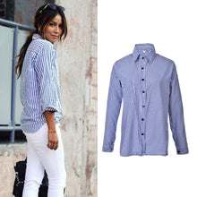 Casual Loose Long Sleeve Tops Street Femme Blusas Cotton Tops White   Blue Women Striped Shirts EF8