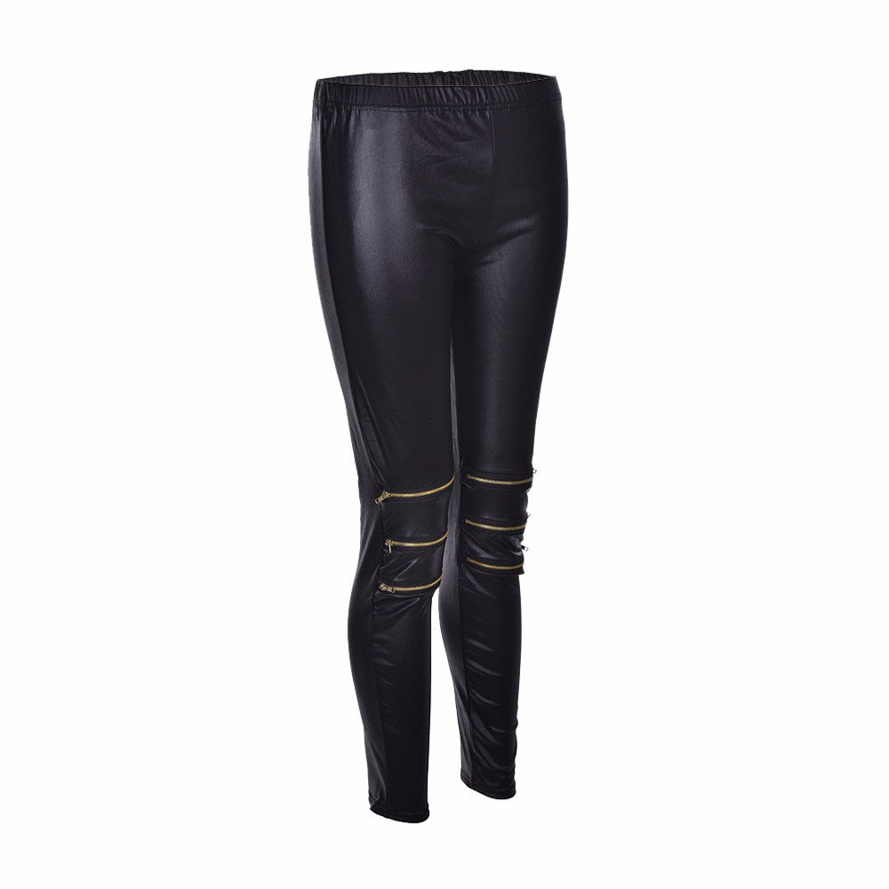 Classical Sexy Zipper Bright Stretch Leggings Pants Skinny Black EF8