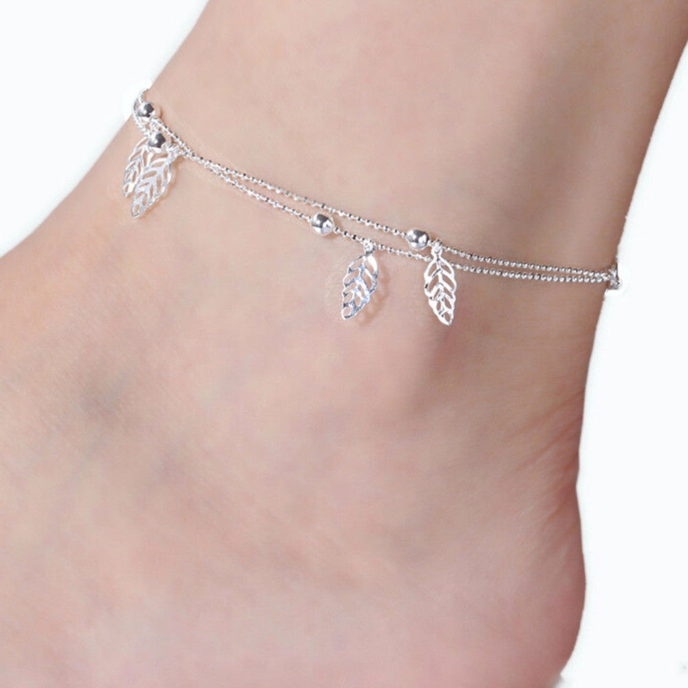 Double Chain Leaf Anklet Women Chain Ankle Bracelet Foot Jewelry for women lady's Barefoot Beach Gift EF8