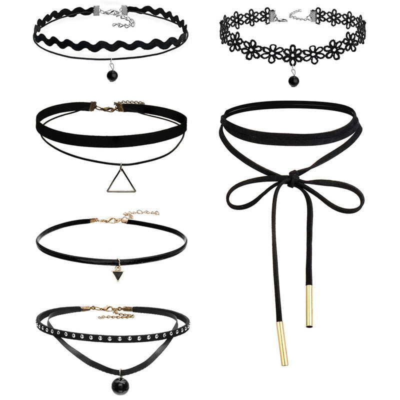 6 pcs vintage Retro Black Velvet Lace Triangle Choker Necklace Women Gothic Chocker Collares EF8