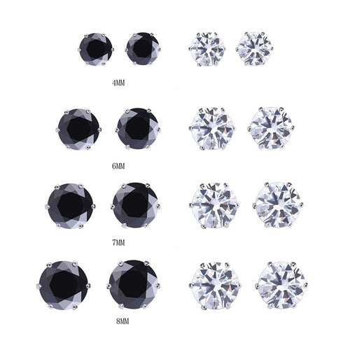 8Pair Stainless Steel Mens Womens Stud Earrings Black Round Cubic Zirconia Inlaid EF8