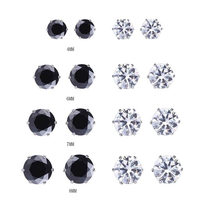 8Pair Stainless Steel Mens Womens Stud Earrings Black Round Cubic Zirconia Inlaid EF8