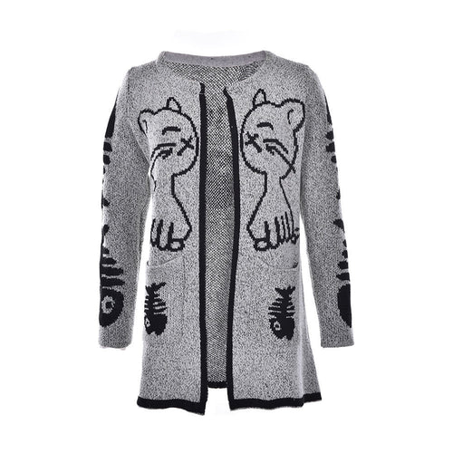 Cartoon Cat   Fish Bones Printing Cardigan Women Long Sleeve Knitted Sweater Cardigans EF8