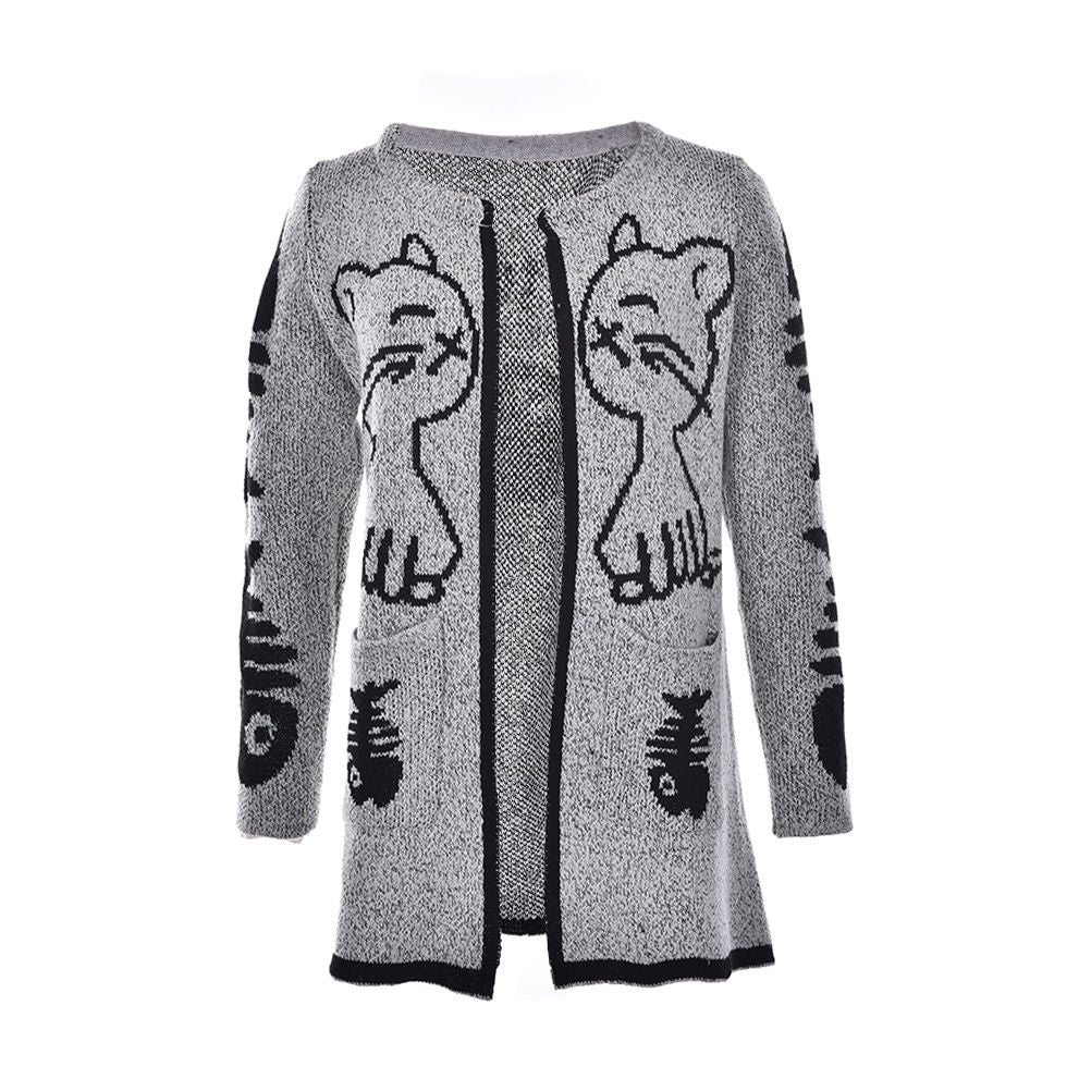 Cartoon Cat   Fish Bones Printing Cardigan Women Long Sleeve Knitted Sweater Cardigans EF8