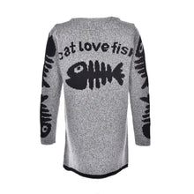 Cartoon Cat   Fish Bones Printing Cardigan Women Long Sleeve Knitted Sweater Cardigans EF8