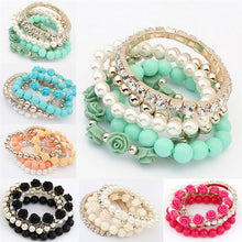 C y Color imitation pearl Rose Flower Multilayer Beads Stretch Charm Bracelet   Bangle For Women EF8