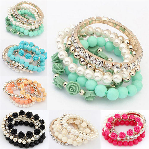 C y Color imitation pearl Rose Flower Multilayer Beads Stretch Charm Bracelet   Bangle For Women EF8