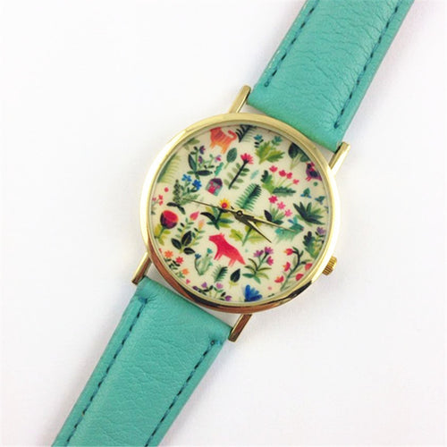 Fashion Design Women's Analog Quartz Wrist Watch Leather Animal Floral Printed Ladies Dress Watches EF8