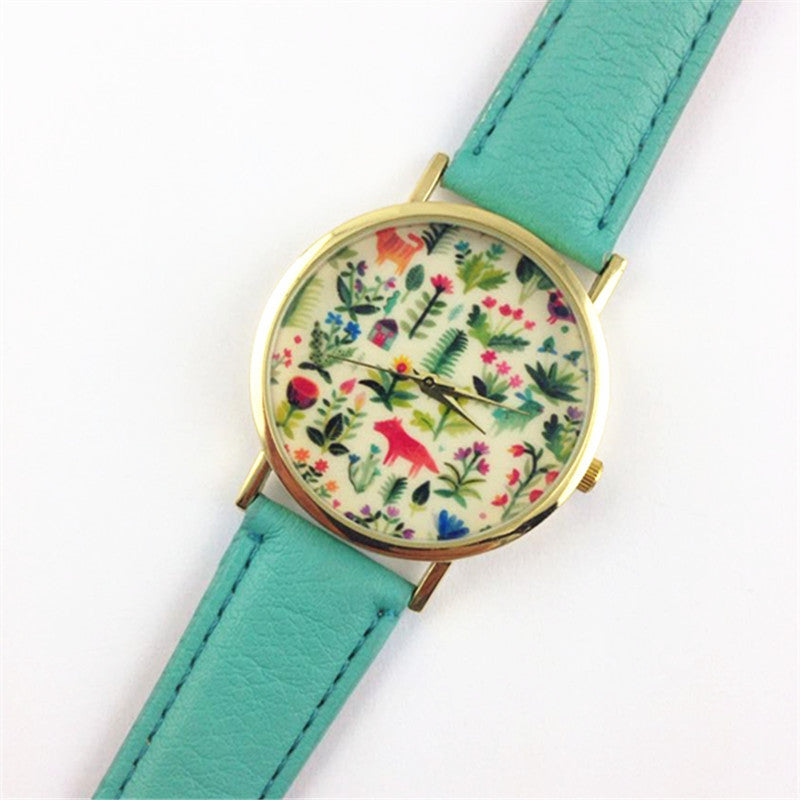 Fashion Design Women's Analog Quartz Wrist Watch Leather Animal Floral Printed Ladies Dress Watches EF8
