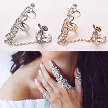 Rhinestone Chain Link Ring Vogue Rose Flower Double Finger Rings For Women Lady Girl Jewelry Gifts  EF8