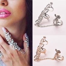 Rhinestone Chain Link Ring Vogue Rose Flower Double Finger Rings For Women Lady Girl Jewelry Gifts  EF8