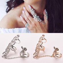 Rhinestone Chain Link Ring Vogue Rose Flower Double Finger Rings For Women Lady Girl Jewelry Gifts  EF8