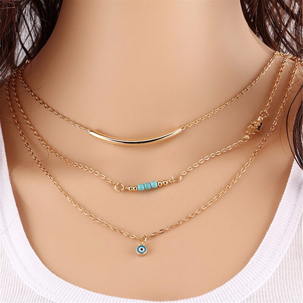 Long Pendant Necklaces Gold Plated Fatima H   Evil Eye 3 Layer Chain Necklace multilayer Necklaces EF8