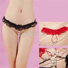 Women's Open Crotch Lace Thong with Pearls G String Sexy Beading Panties Massaging Underwear Erotic Lingerie Sex Toy EF8