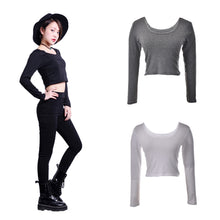 Ladies long Sleeve t shirt women tops Fall Sexy Crop Top Basic Stretch T-shirts Bare-midriff Black Grey White EF8