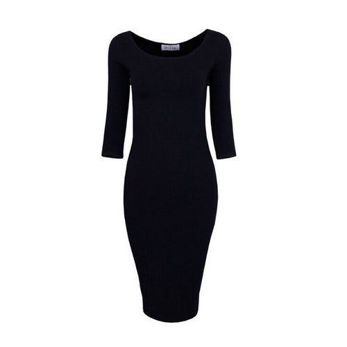 Sexy Casual black winered pink Crew Neck Three Quarter Midi Dress Work Style Women Bodycon Dresses EF8