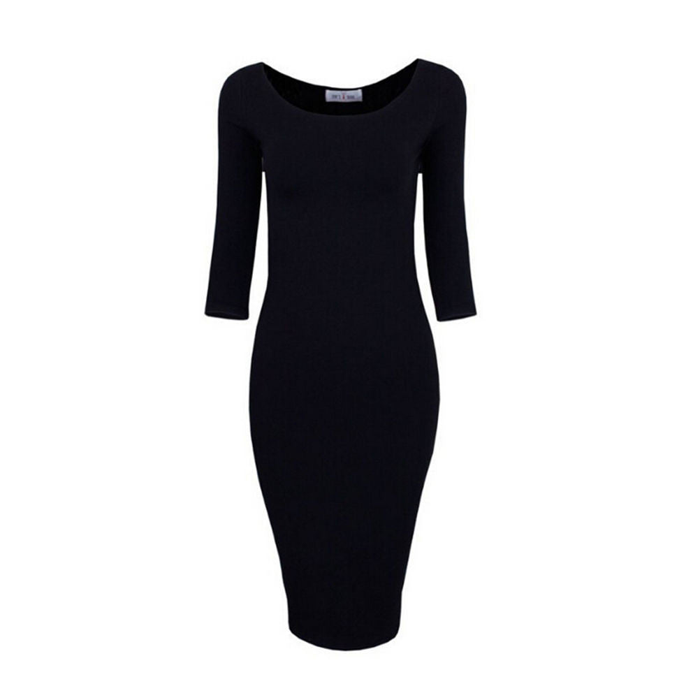 Sexy Casual black winered pink Crew Neck Three Quarter Midi Dress Work Style Women Bodycon Dresses EF8