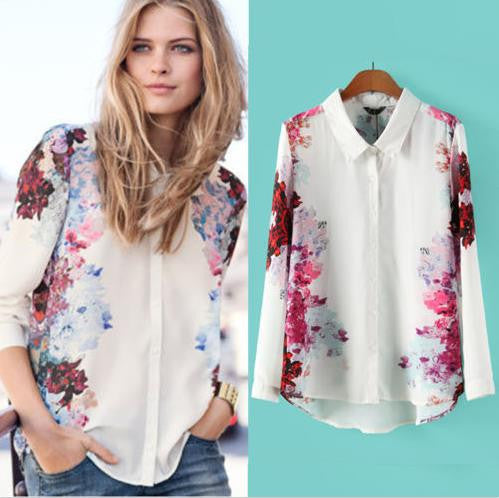 Chiffon Shirt Women Floral Long Sleeve Vintage Blouse Turn Down Collar Flower Print Shirt Ladies Blouses Womens Tops EF8