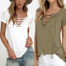 European T Shirt Women Sexy V Neck Hollow Out Top Casual Basic T-shirt Plus Size EF8