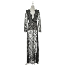 European Style Womens Sexy Lace Embroidery Maxi Solid White Dress Long Sleeve Deep V Neck Vestidos Plus Size M-XL EF8