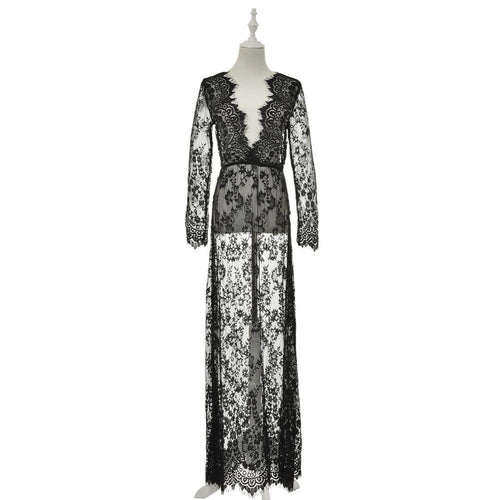European Style Womens Sexy Lace Embroidery Maxi Solid White Dress Long Sleeve Deep V Neck Vestidos Plus Size M-XL EF8