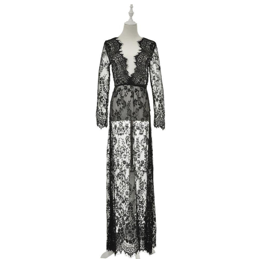 European Style Womens Sexy Lace Embroidery Maxi Solid White Dress Long Sleeve Deep V Neck Vestidos Plus Size M-XL EF8