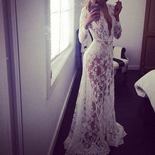 European Style Womens Sexy Lace Embroidery Maxi Solid White Dress Long Sleeve Deep V Neck Vestidos Plus Size M-XL EF8
