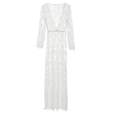 European Style Womens Sexy Lace Embroidery Maxi Solid White Dress Long Sleeve Deep V Neck Vestidos Plus Size M-XL EF8